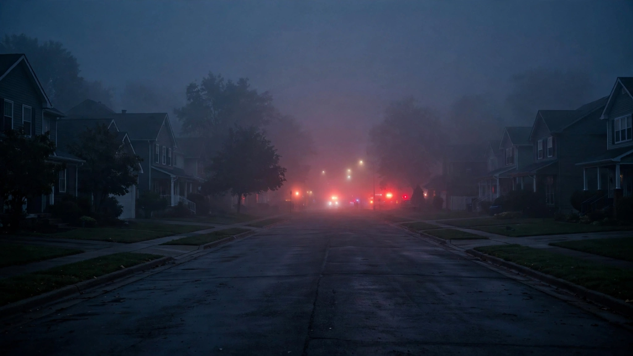 An empty suburban street in dense nighttime fog with red emergency lights glowing in the distance