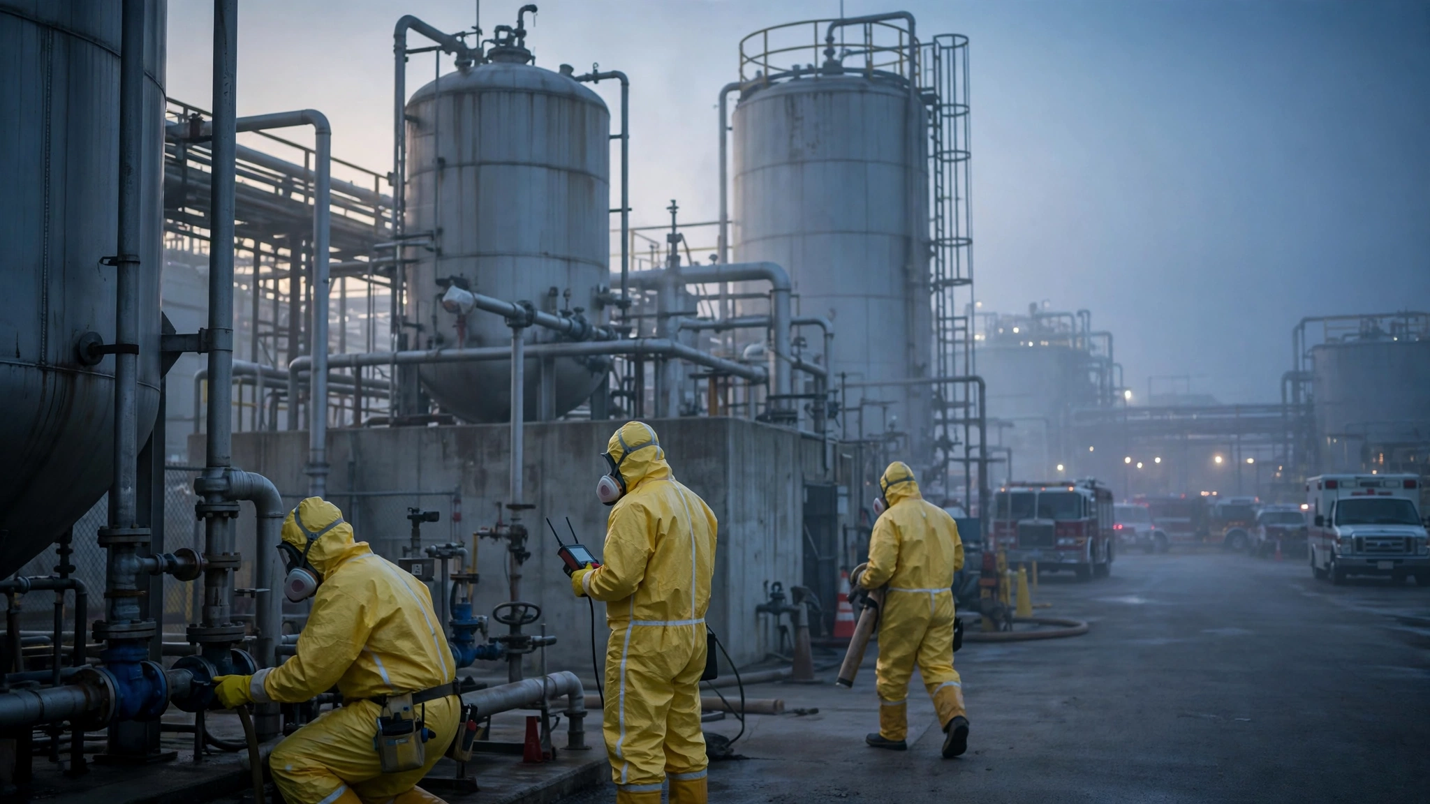 Hazmat crew members in yellow protective suits and respirators working near large industrial chemical storage tanks at a terminal