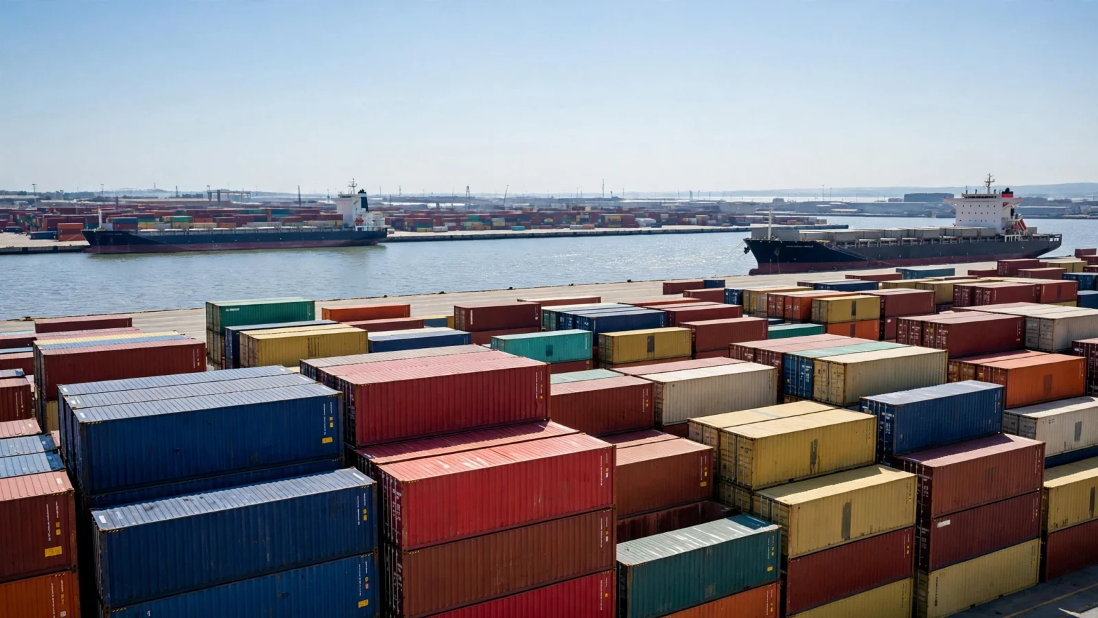 Stacks of colorful shipping containers at a port with cargo ships docked in the water in the background under a clear sky.