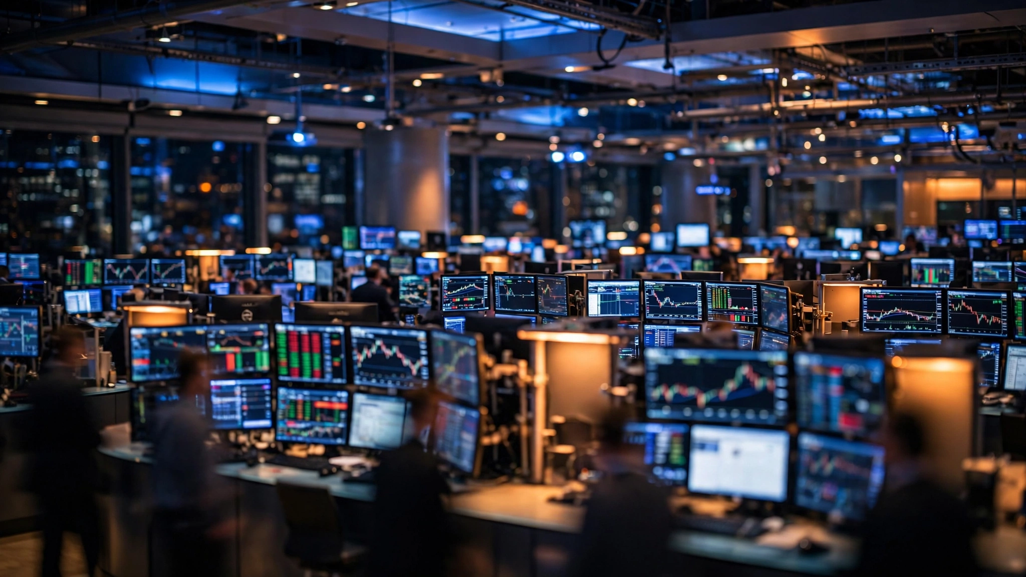 A stock exchange trading floor at night filled with rows of glowing market data screens.