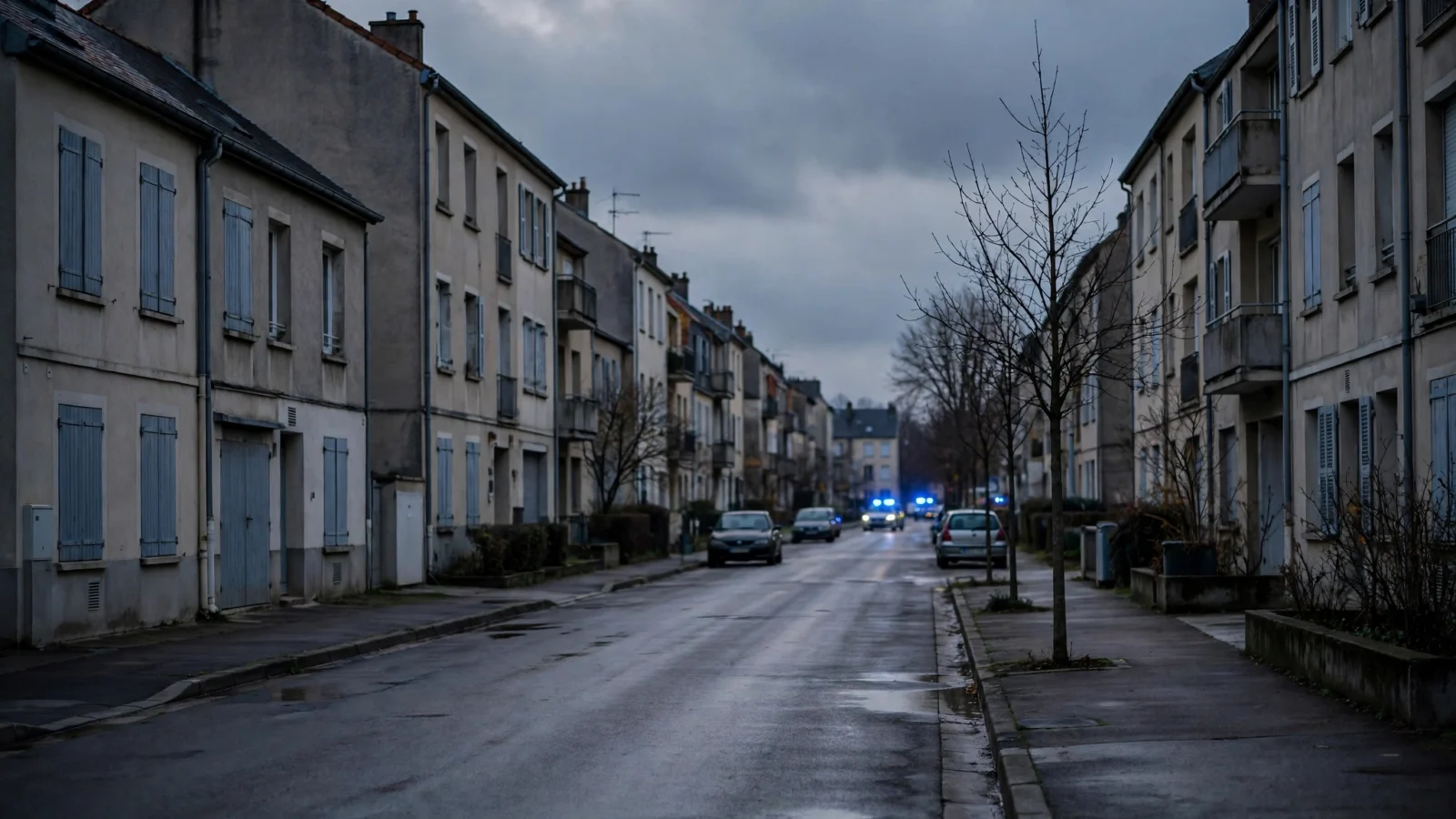 A quiet suburban street in France at dusk with police lights flashing in the distance