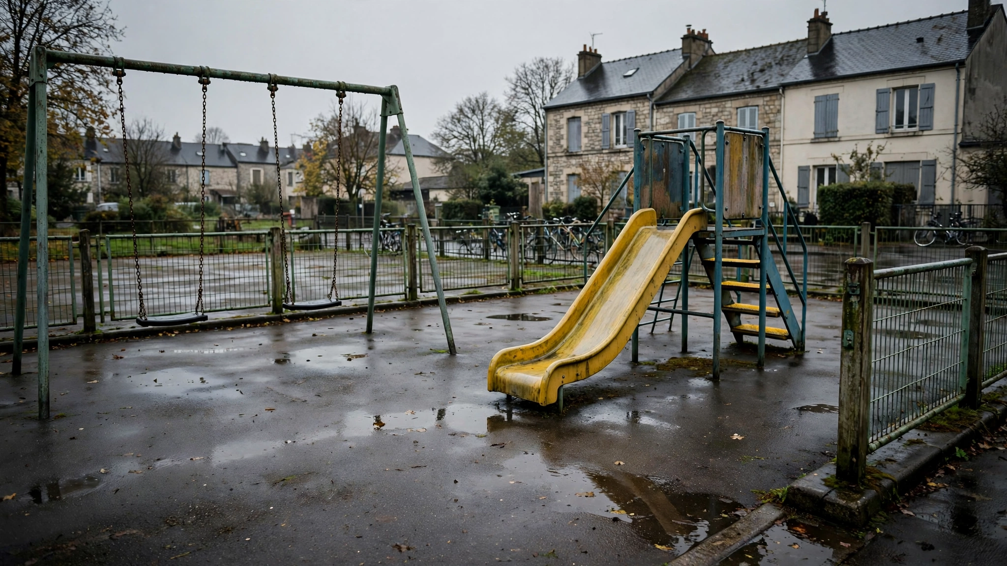 An empty playground with swings and a yellow slide in a French suburb on an overcast day