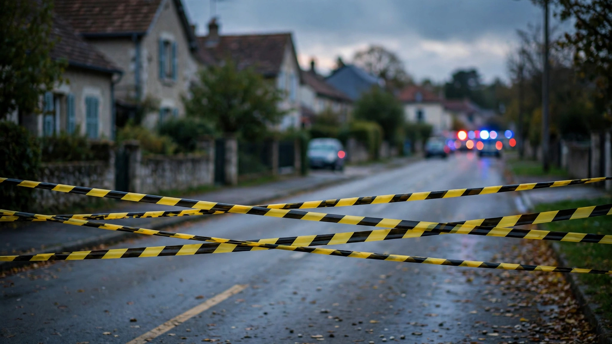 Police barrier tape stretched across a suburban road in France with blurred emergency lights behind it