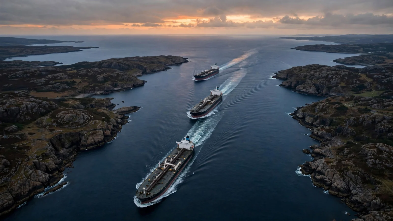 An aerial view of three oil tankers sailing in single file through a narrow strait at dusk