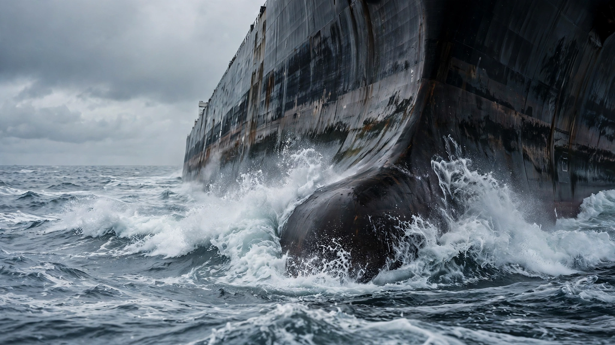 The hull of a large dark oil supertanker cutting through foaming ocean waves