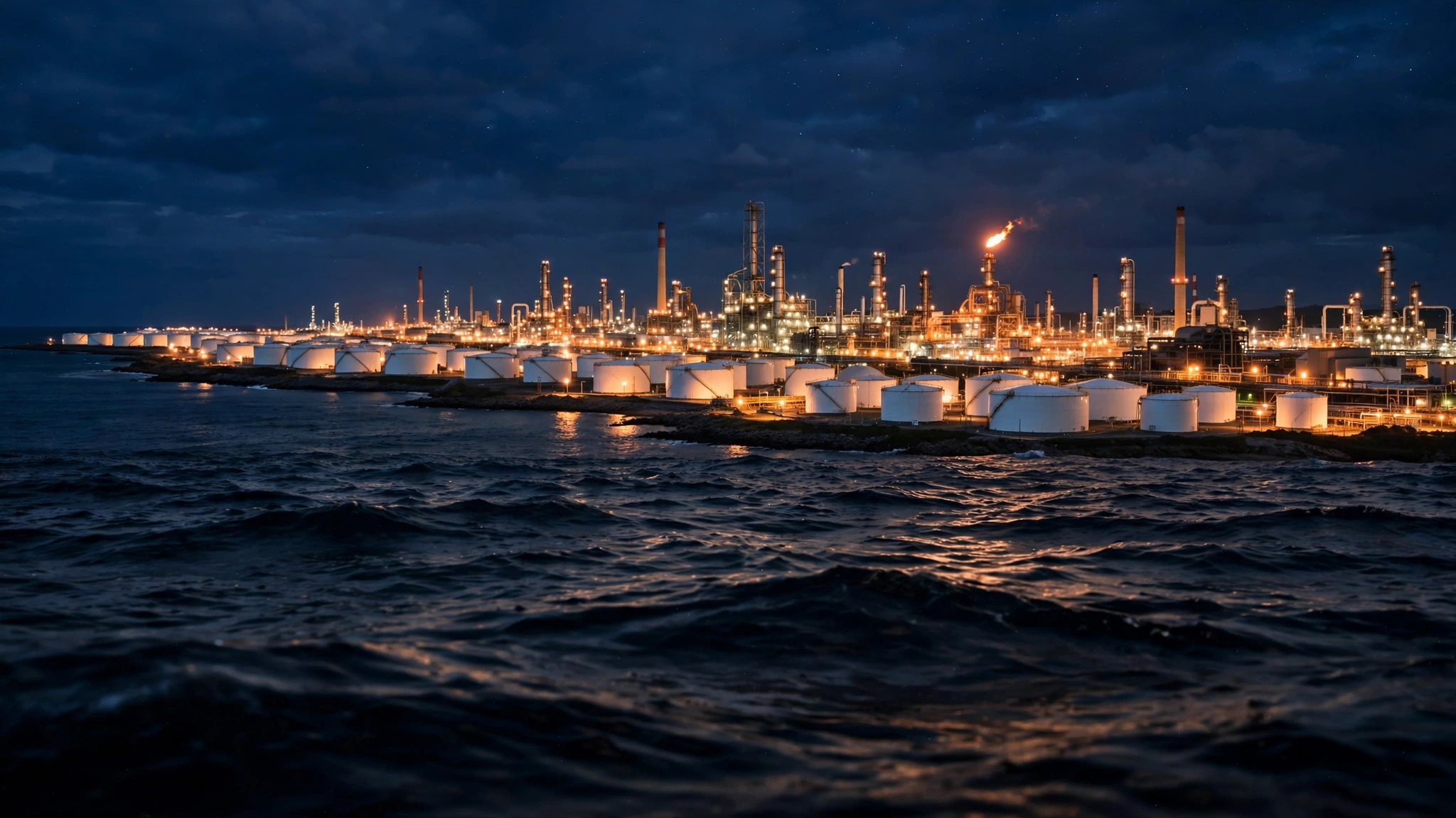 An illuminated coastal oil refinery with rows of white storage tanks at night