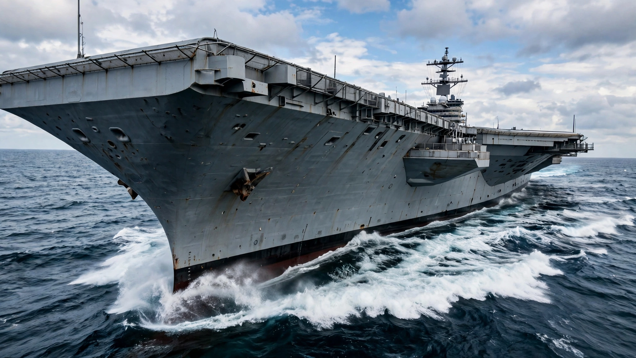 A large gray aircraft carrier sailing on the open ocean under a partly cloudy sky