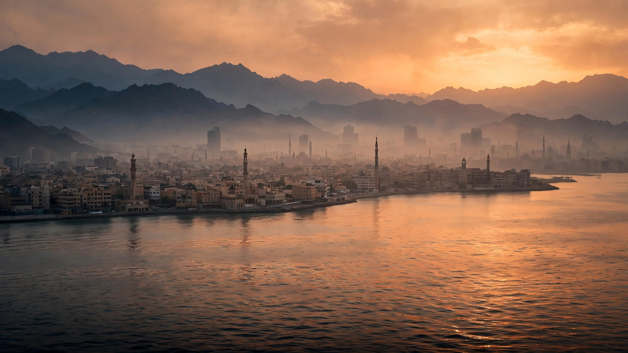 A hazy coastal Middle Eastern city skyline at sunset with mountains behind it