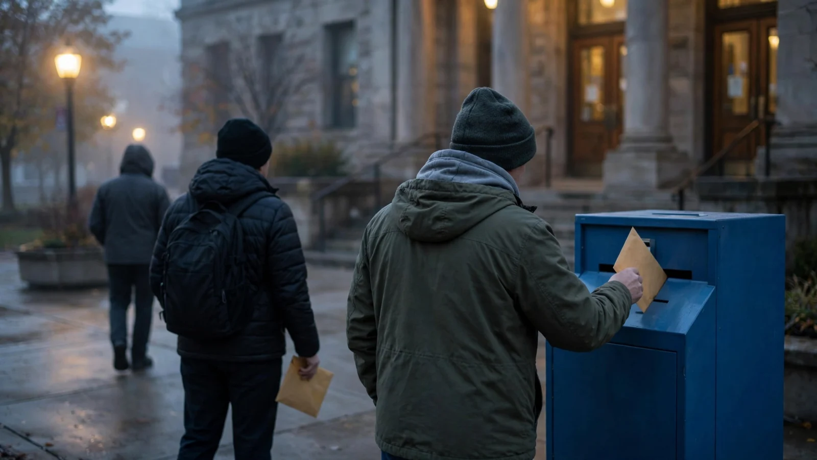 Voters deposit sealed envelopes into a blue ballot drop box outside a stone civic building at dawn