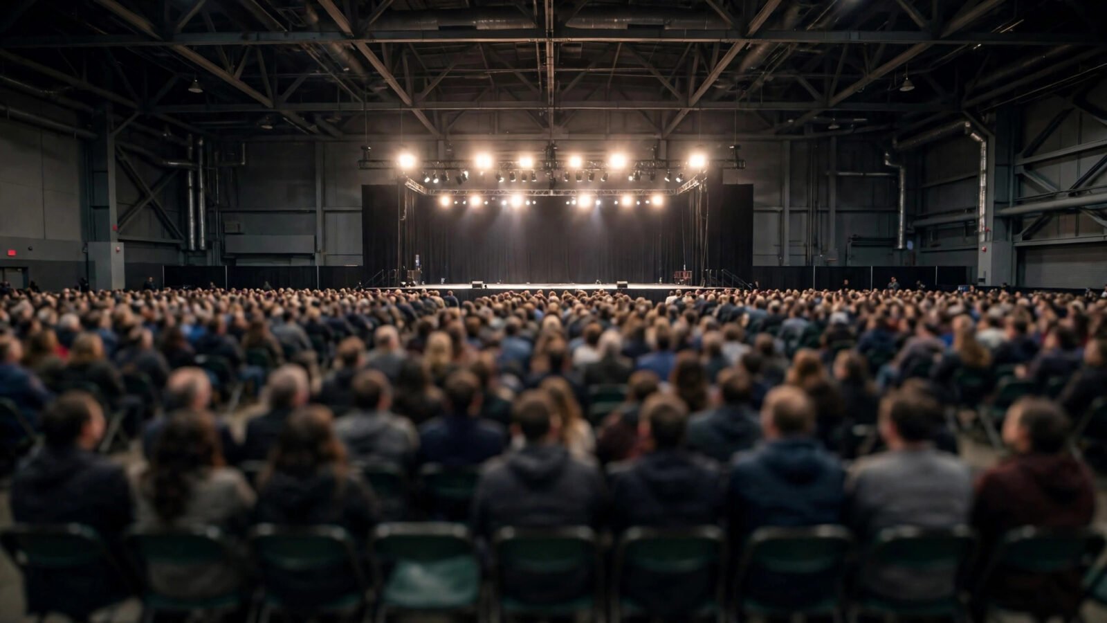 A large crowd seated in rows facing a brightly lit empty stage in an indoor hall