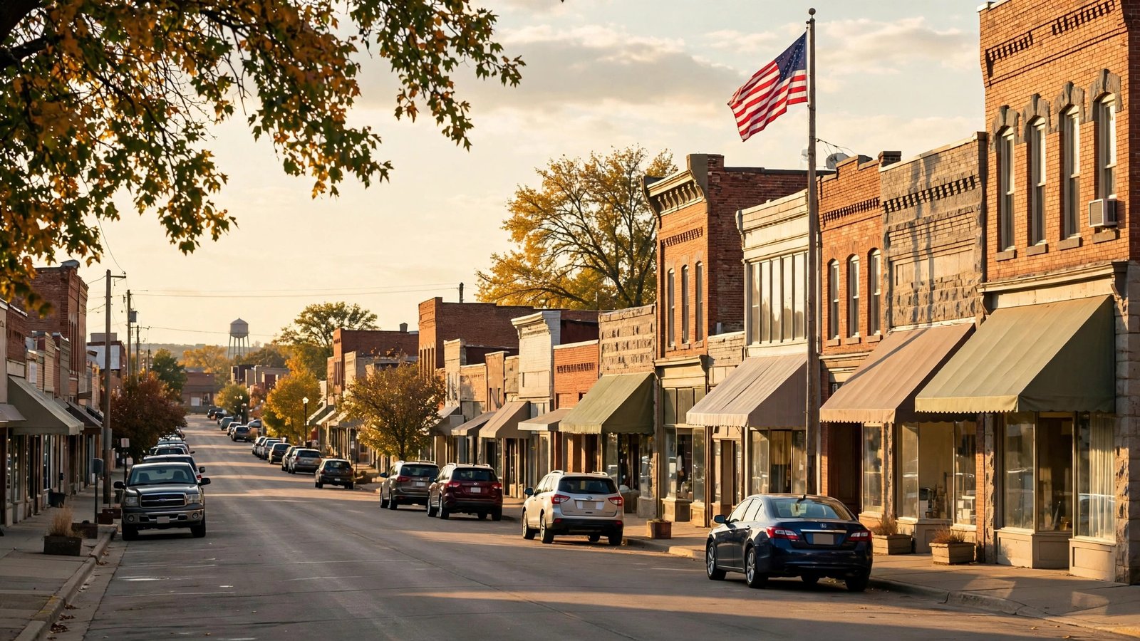 A quiet small-town main street with brick storefronts, parked cars and an American flag on a pole