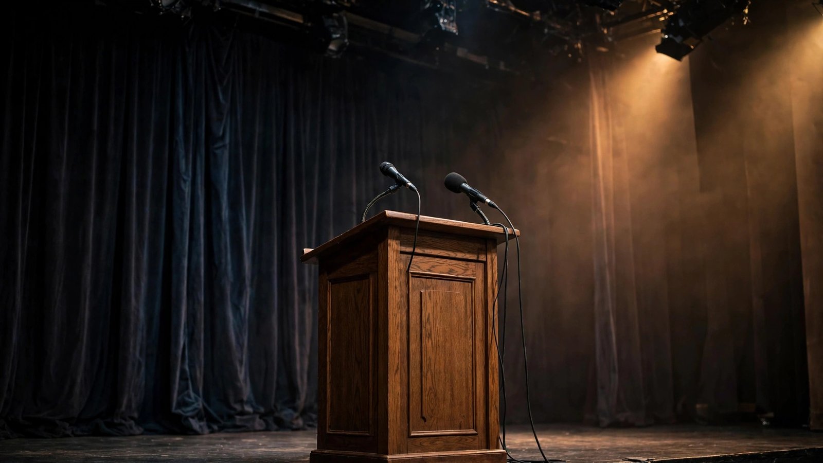 An empty wooden lectern with two microphones on a stage in front of a dark curtain