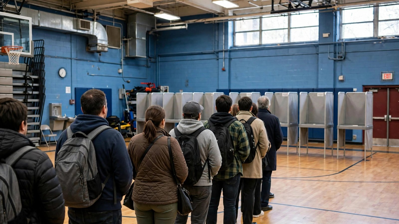 People standing in line at voting booths set up in a school gymnasium