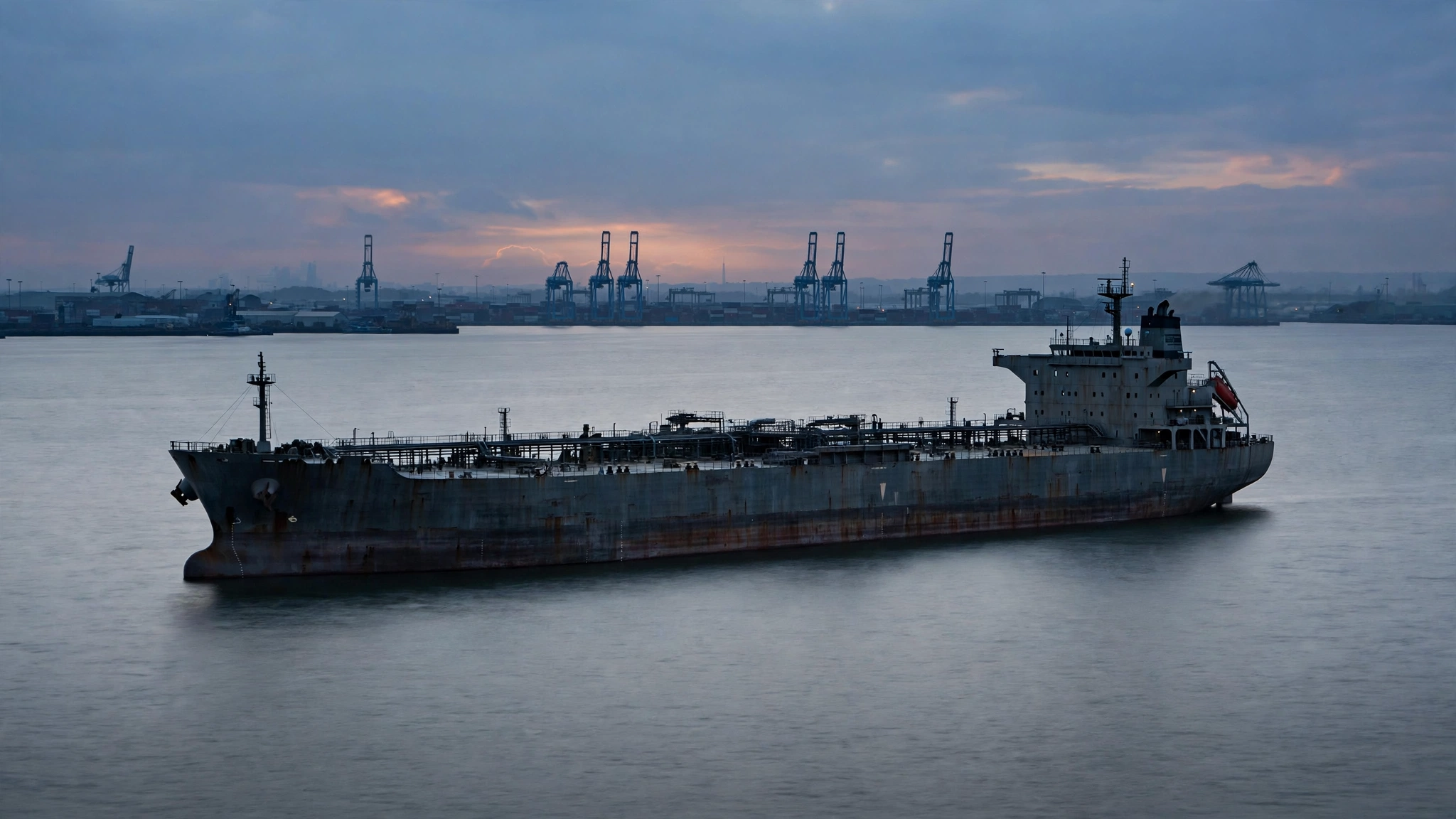 A large tanker ship anchored near an industrial port at dusk.