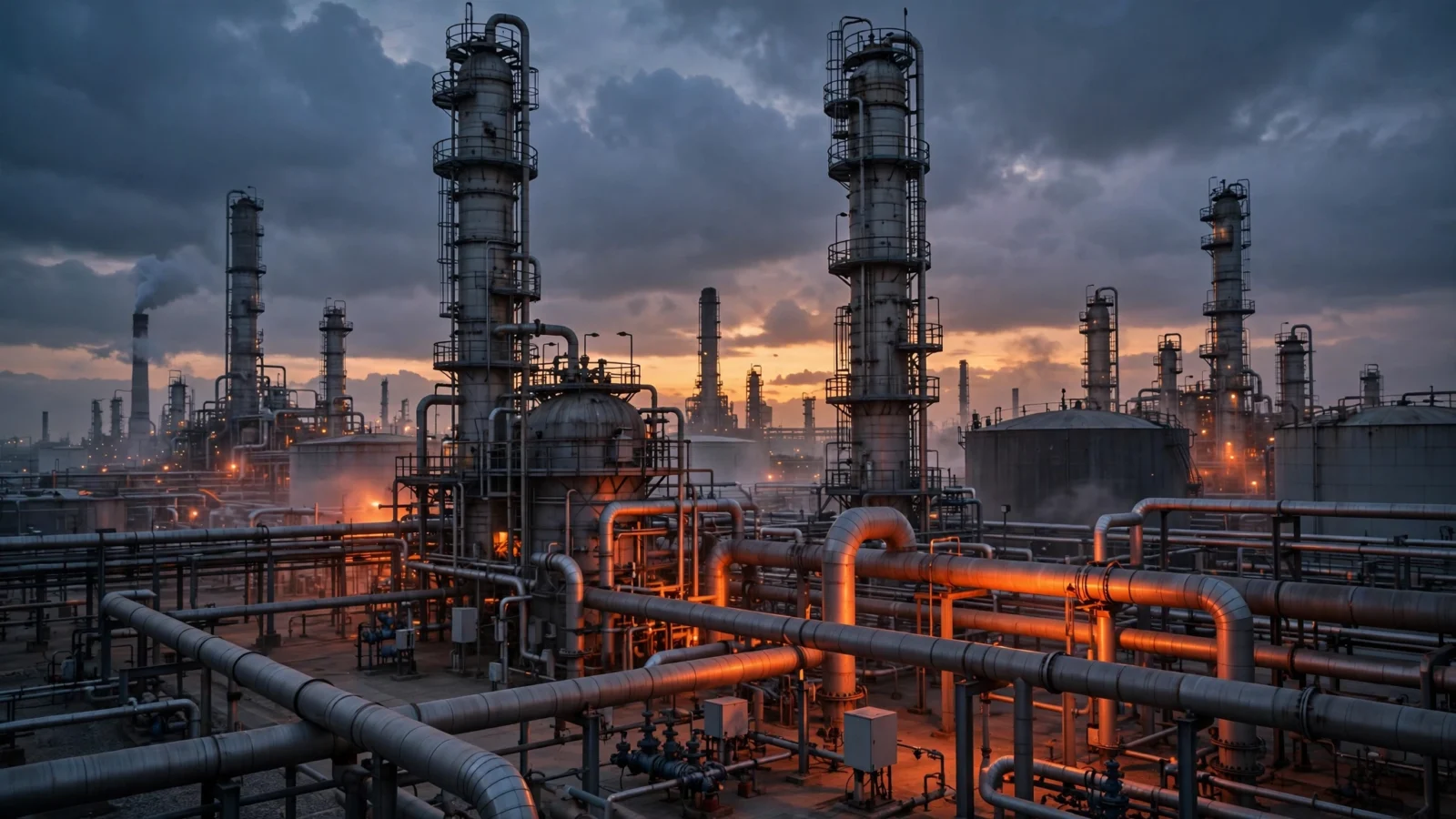 An oil refinery with distillation towers and storage tanks photographed at dusk