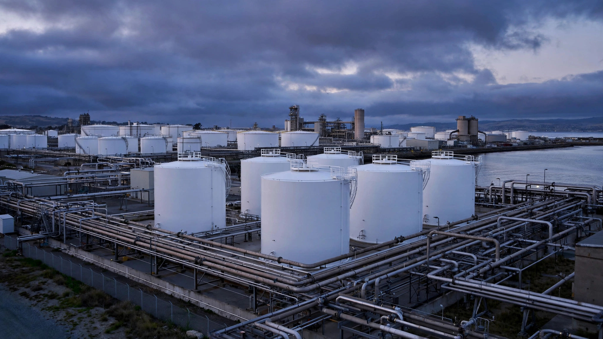 White storage tanks and pipelines at an oil terminal photographed at dusk.