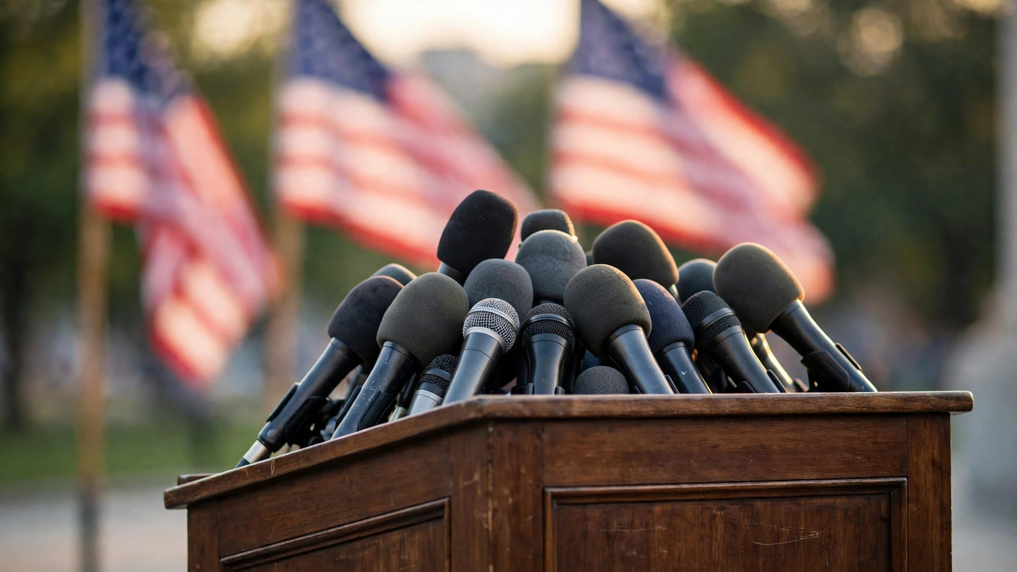 A wooden lectern crowded with news microphones, with American flags blurred in the background.
