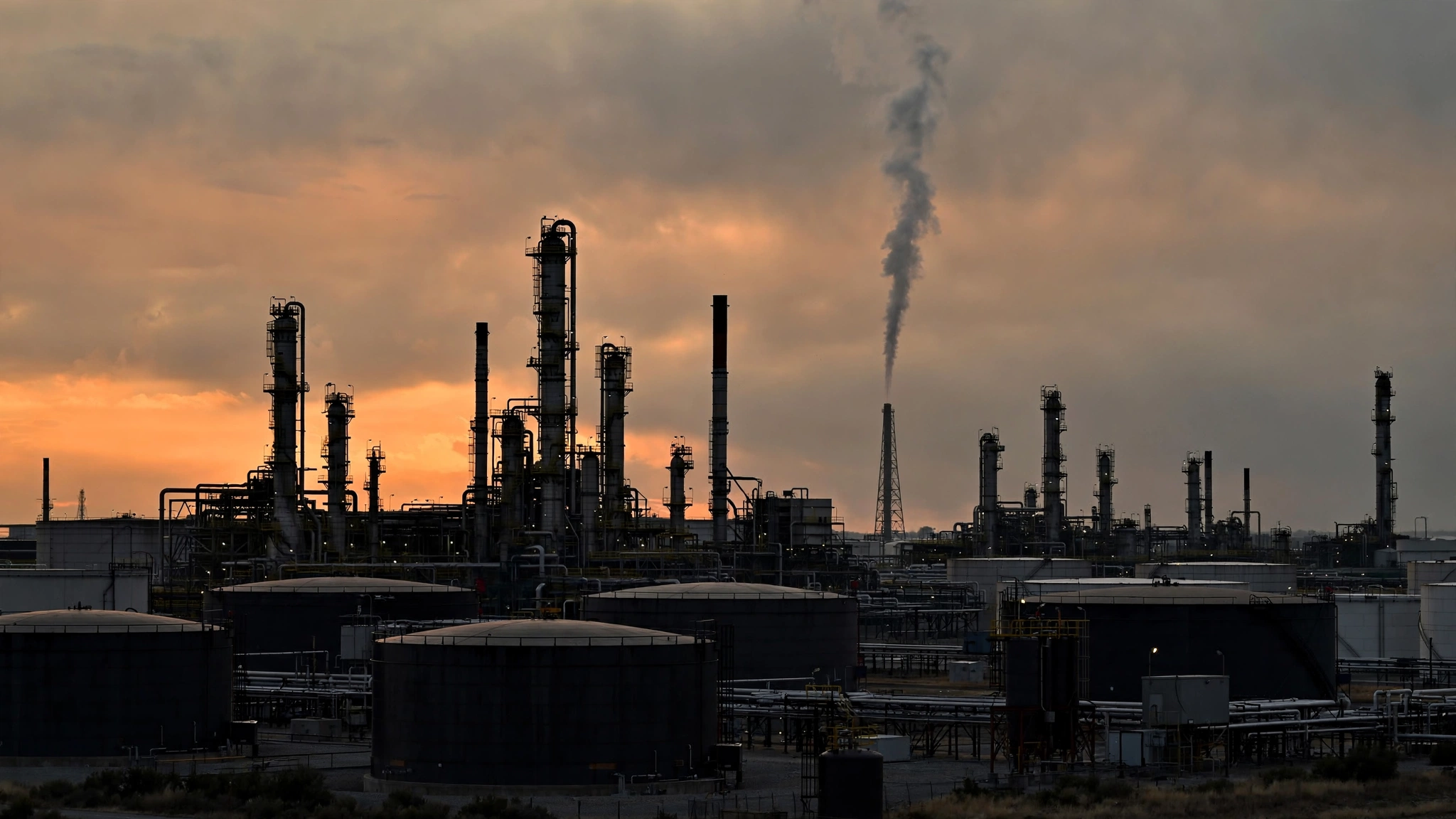 An industrial oil refinery with storage tanks and towers silhouetted at dusk.
