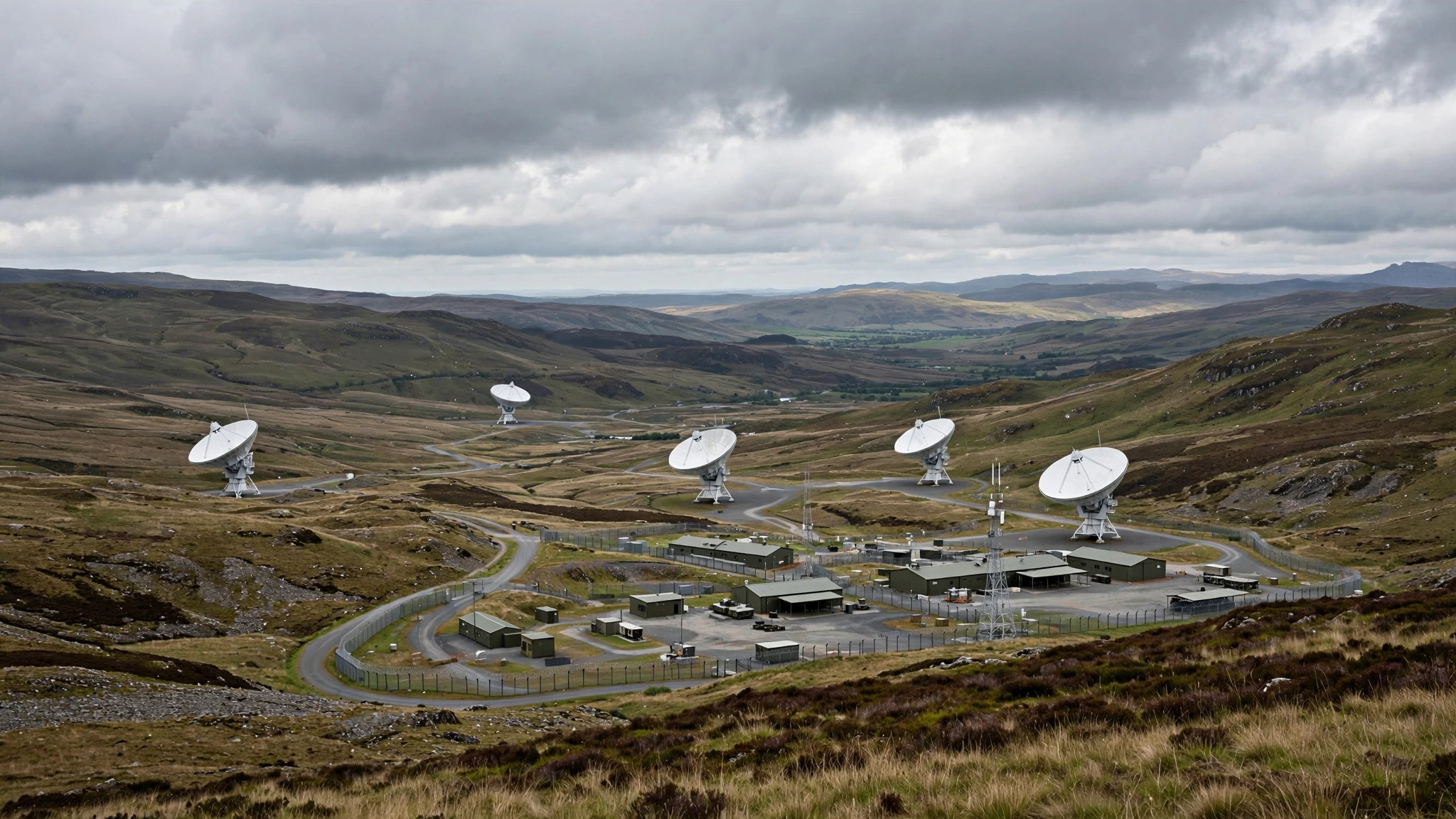 A military satellite ground station with large dish antennas under a cloudy sky.