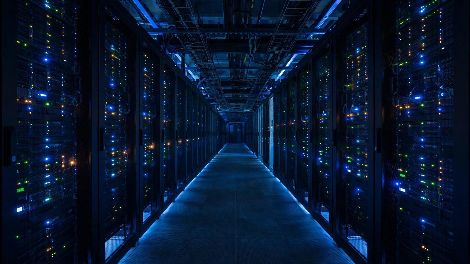 A long corridor between tall server racks with glowing indicator lights inside a data center.
