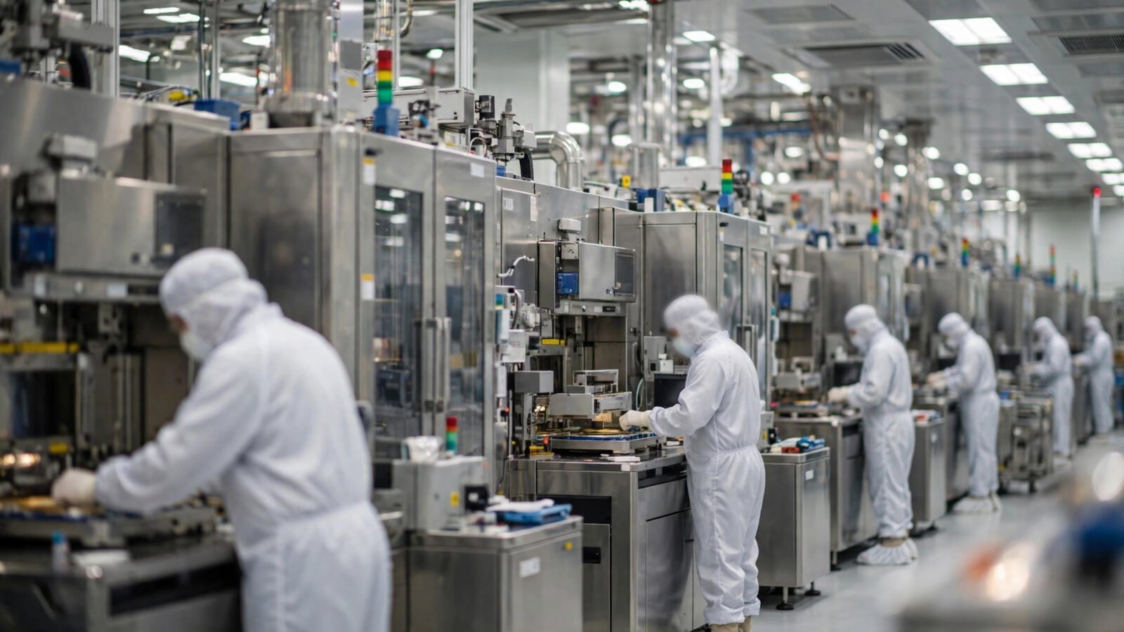 Technicians in white cleanroom suits working among wafer-processing equipment inside a semiconductor fabrication plant.