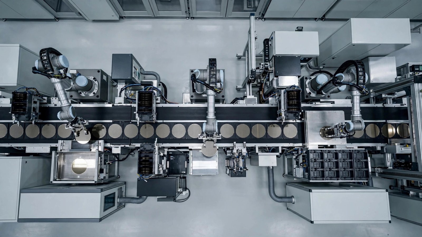 An overhead view of robotic arms handling circular silicon wafers on an automated chip production line.