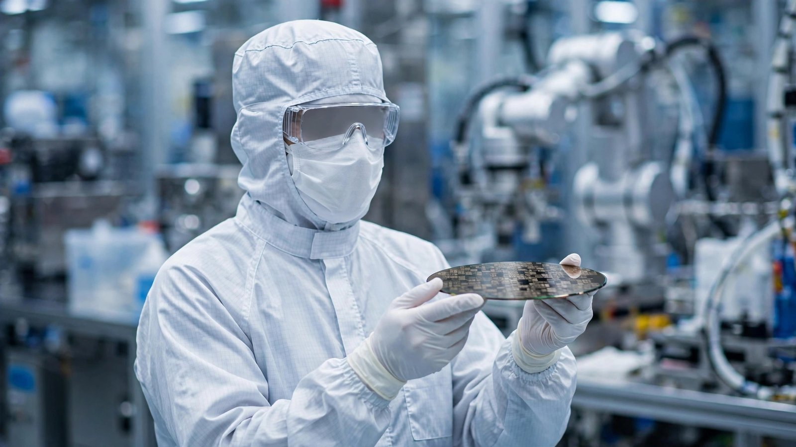 A cleanroom technician in a hooded suit, goggles and mask holding a patterned silicon wafer.