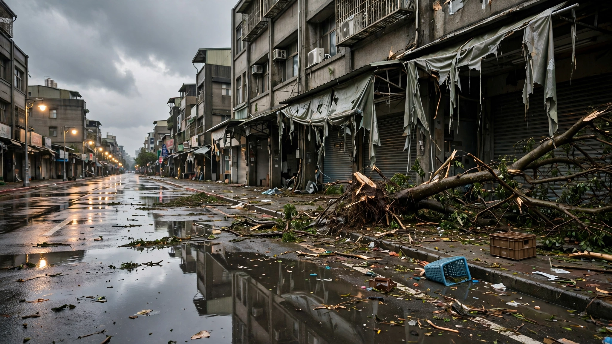A wet city street with a fallen tree and scattered debris after a typhoon, with torn shop awnings