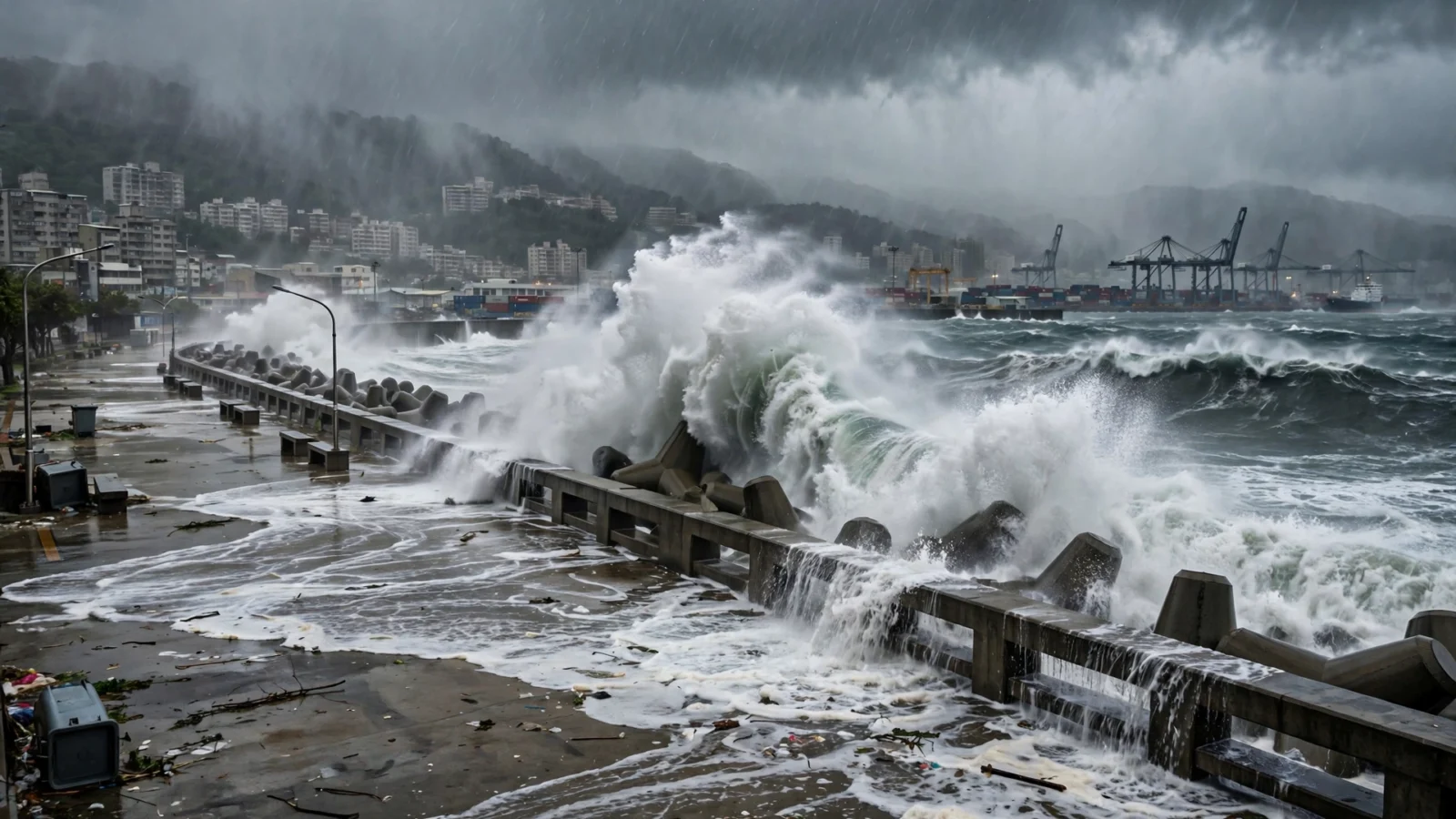 Large waves crashing over a concrete breakwater in a port city during heavy rain and dark storm clouds