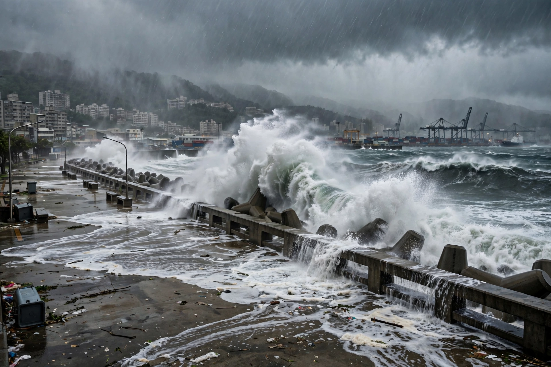 Large waves crashing over a concrete breakwater in a port city during heavy rain and dark storm clouds