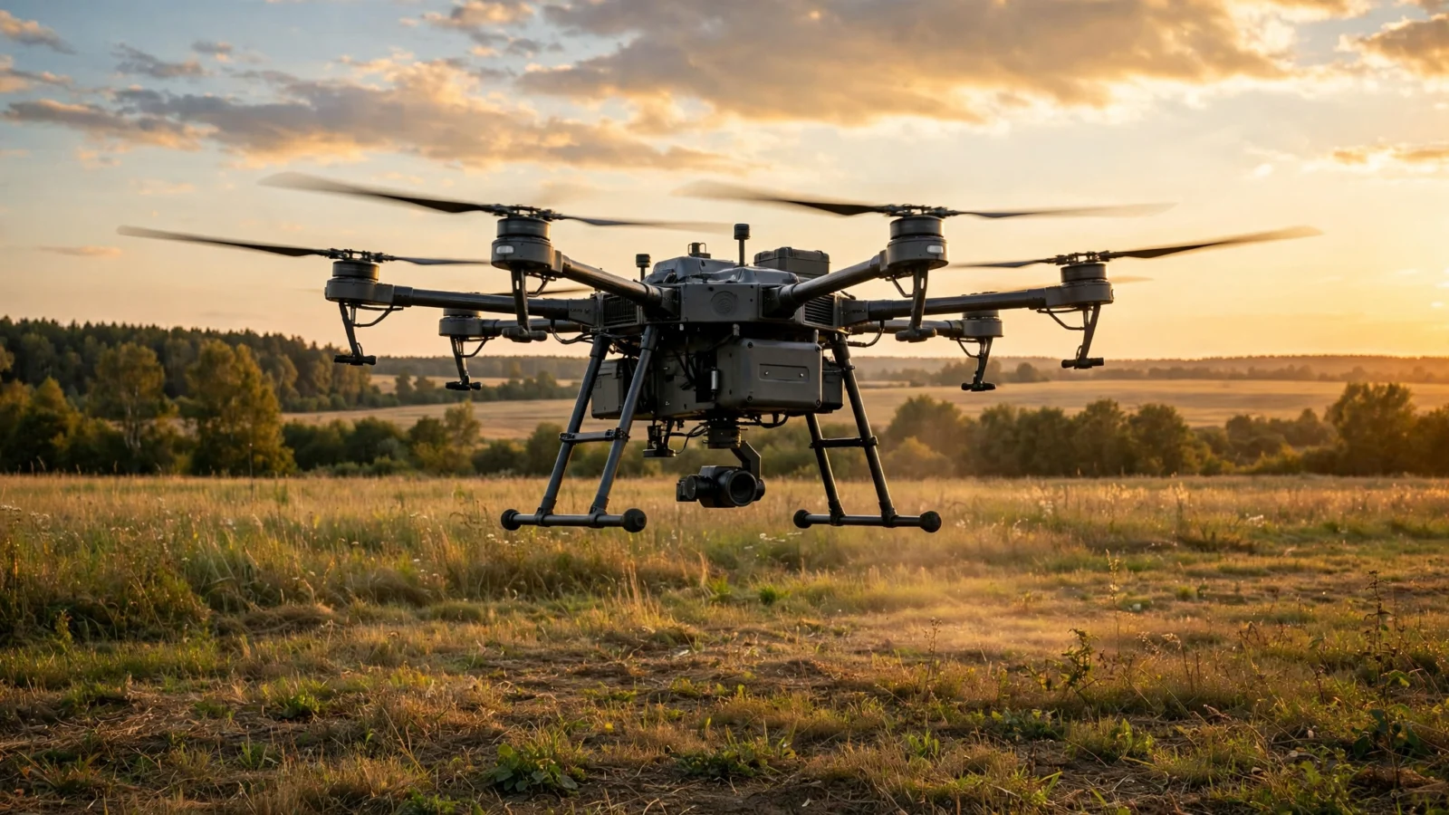 A large six-rotor heavy-lift drone hovering low over a grassy field at sunset.