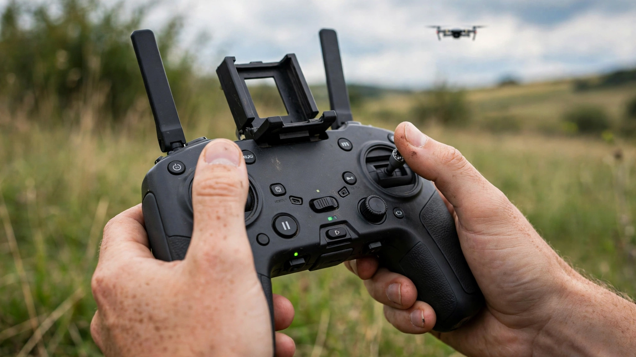 A person's hands holding a drone remote controller in a field, with a drone visible in the sky behind.