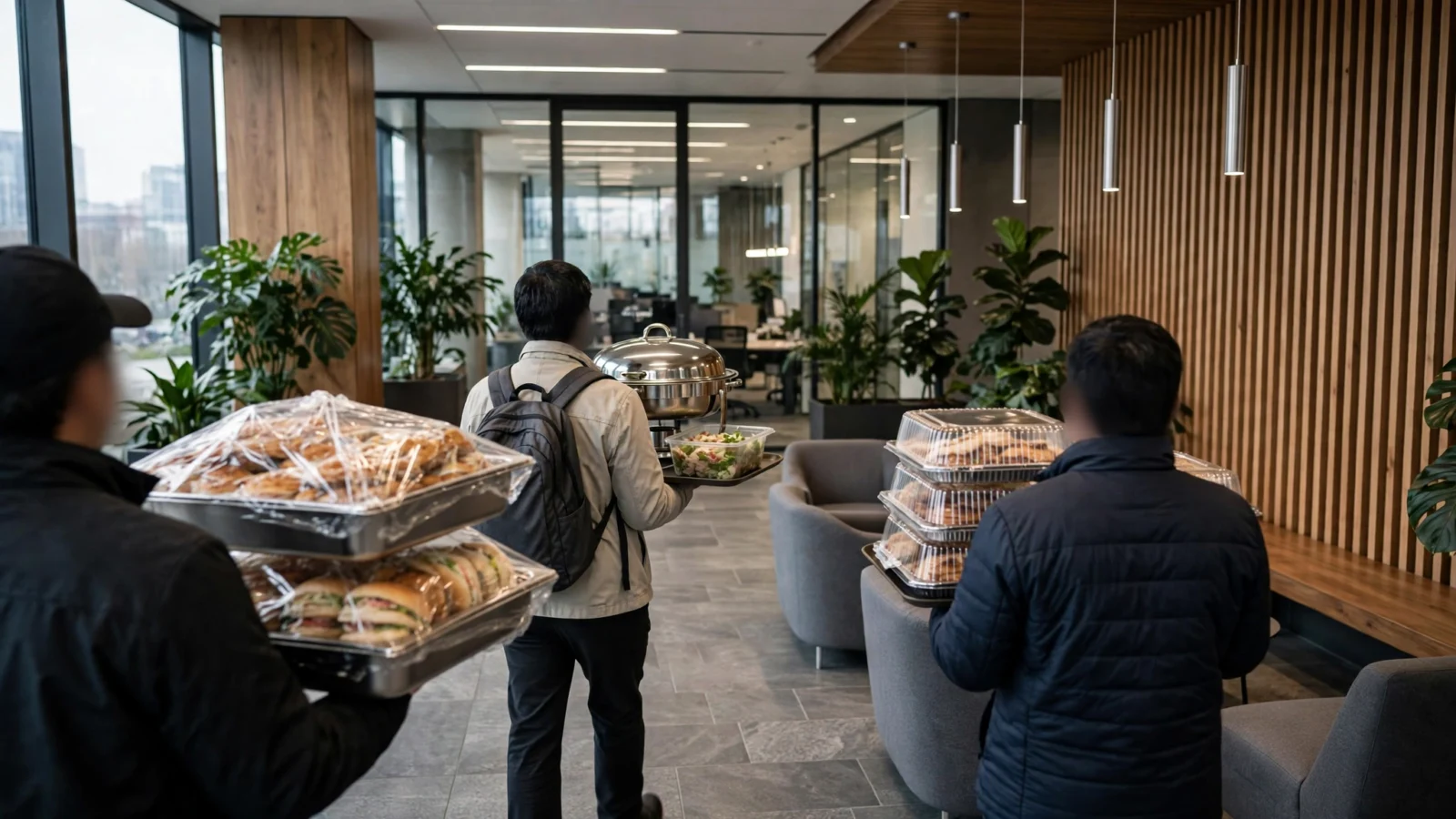 Workers seen from behind carrying catering trays with sandwiches, salads and covered dishes through a modern office lobby with large windows and indoor plants