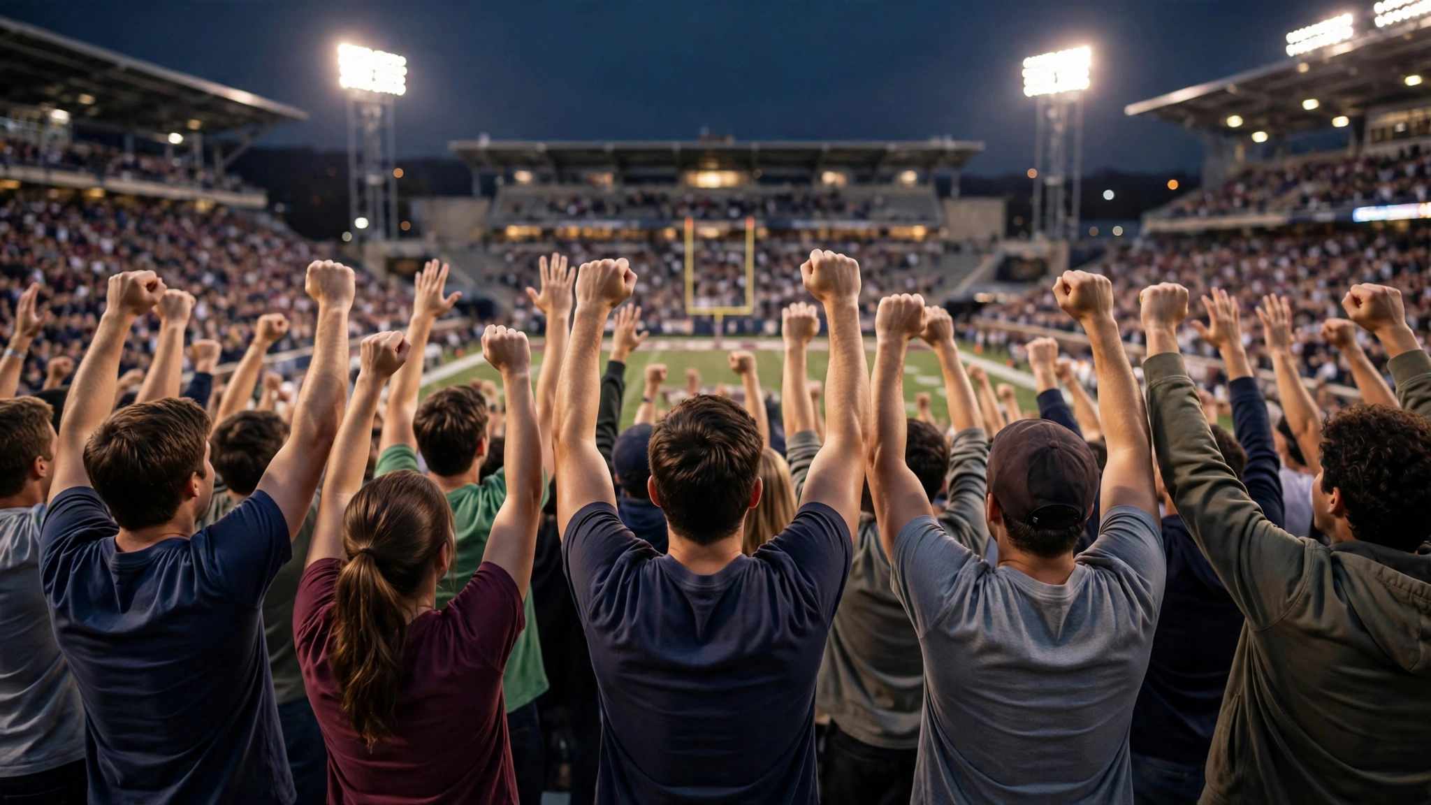 Fans in stadium stands raise their fists toward the field under floodlights