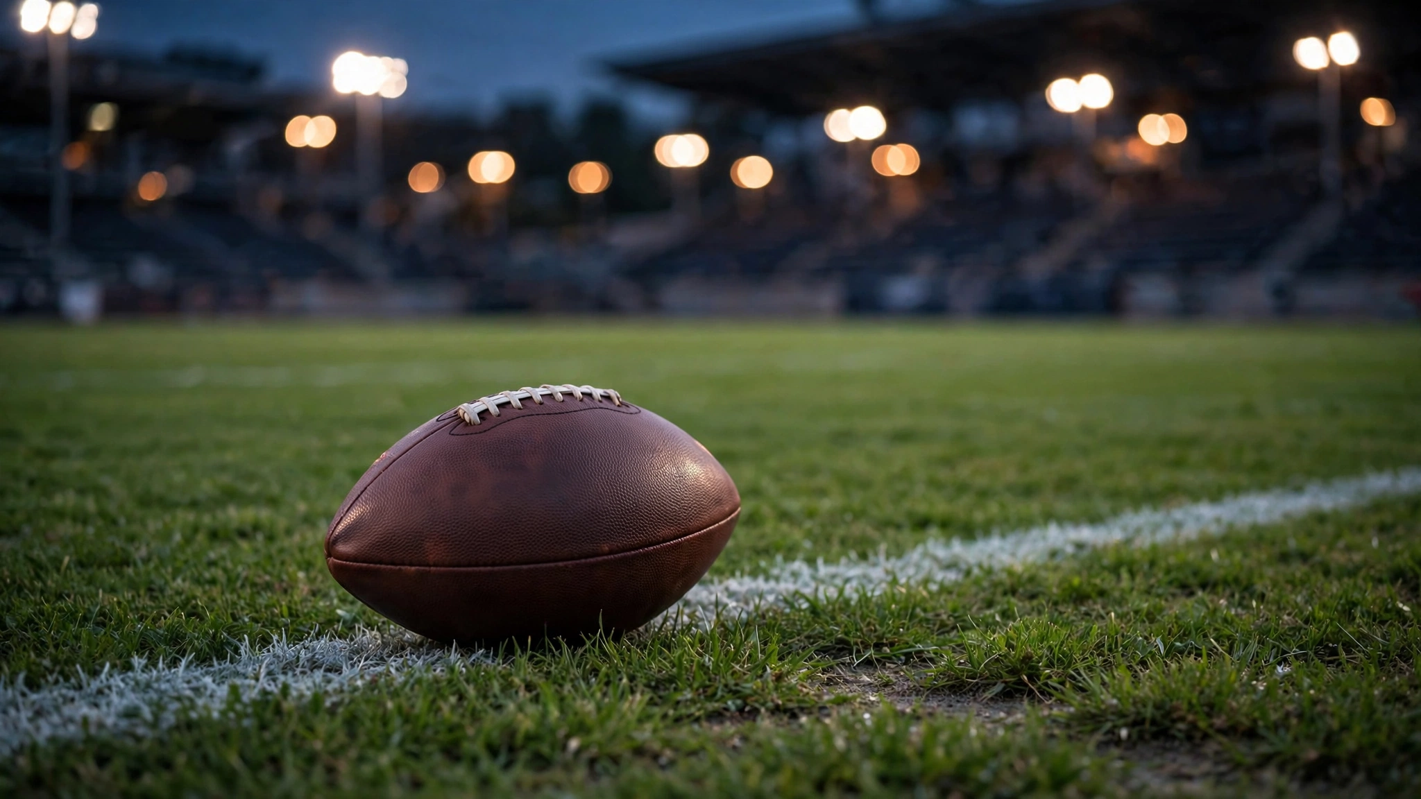 An American football rests on a grass field near a yard line with stadium lights behind it