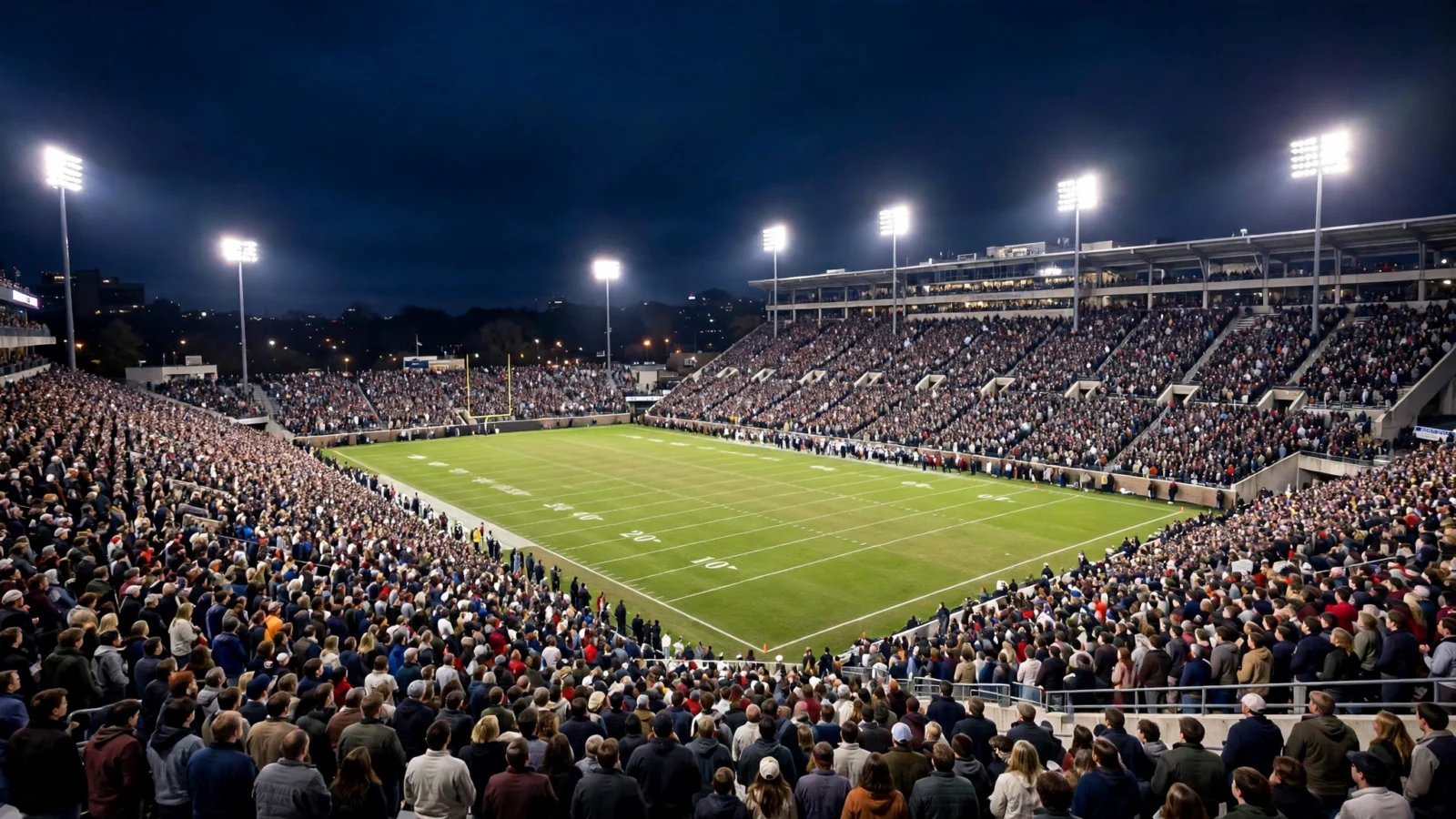 A packed football stadium under bright floodlights at night