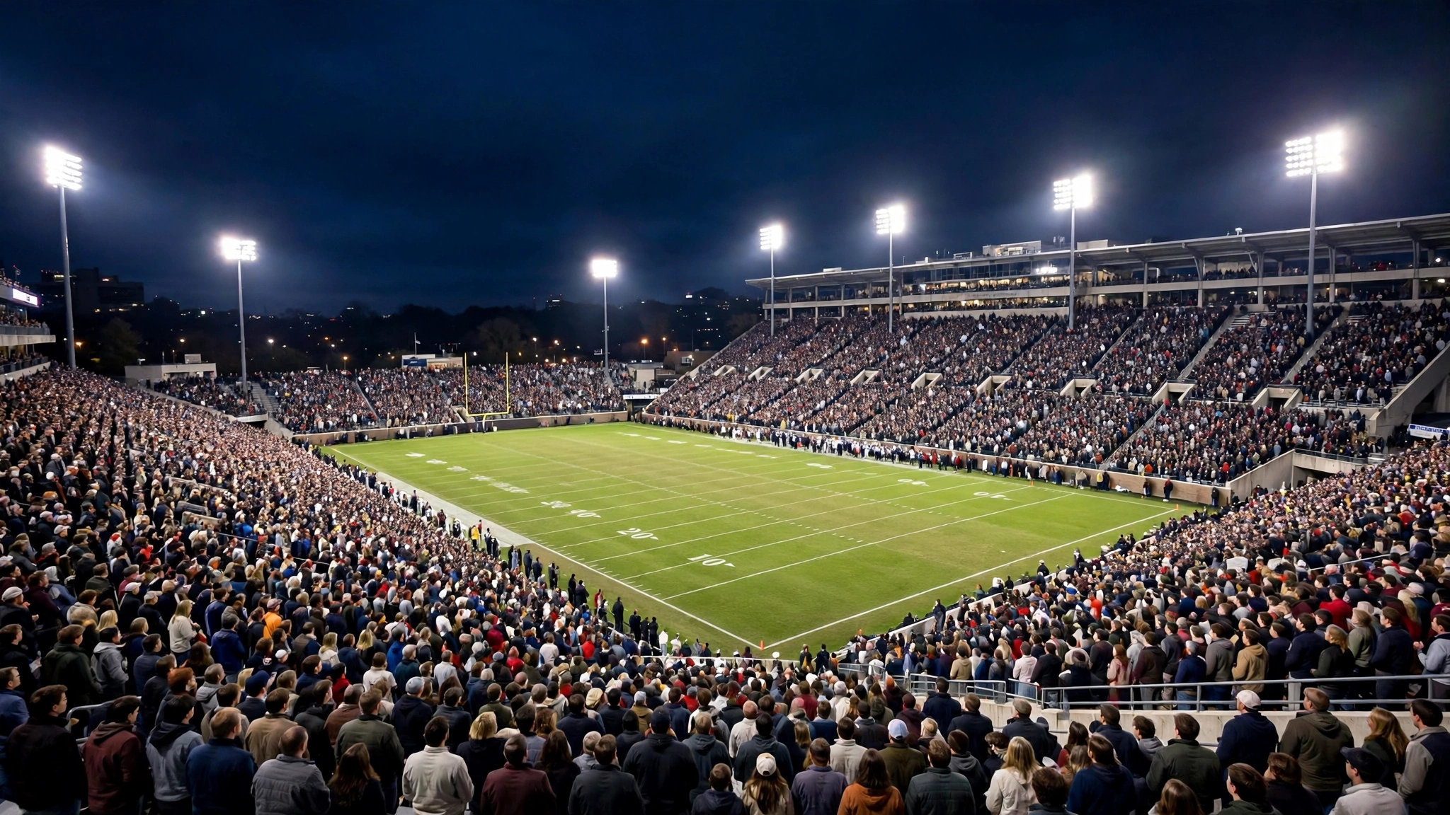 A packed football stadium under bright floodlights at night