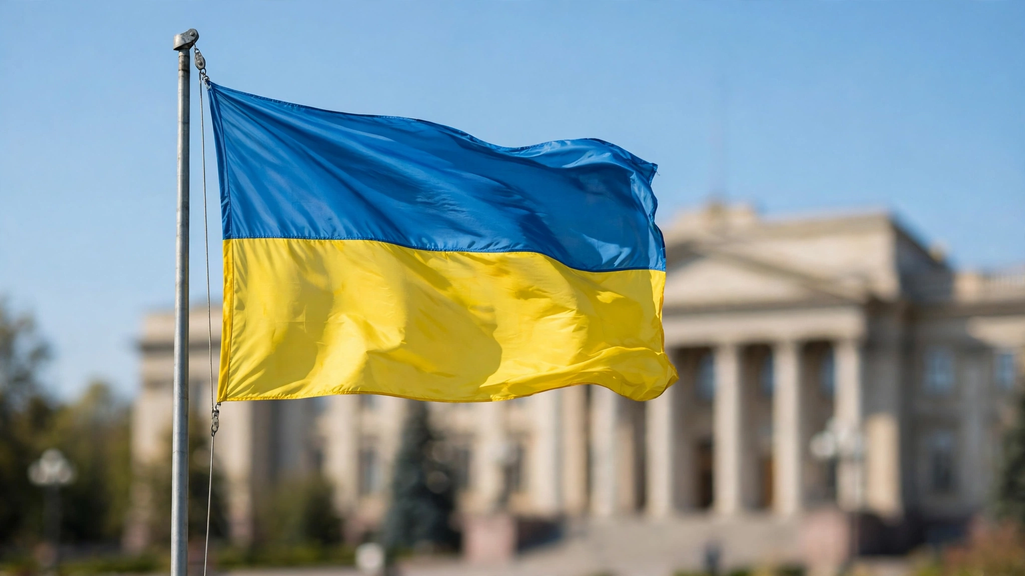 The Ukrainian national flag waving on a flagpole in front of a blurred government building