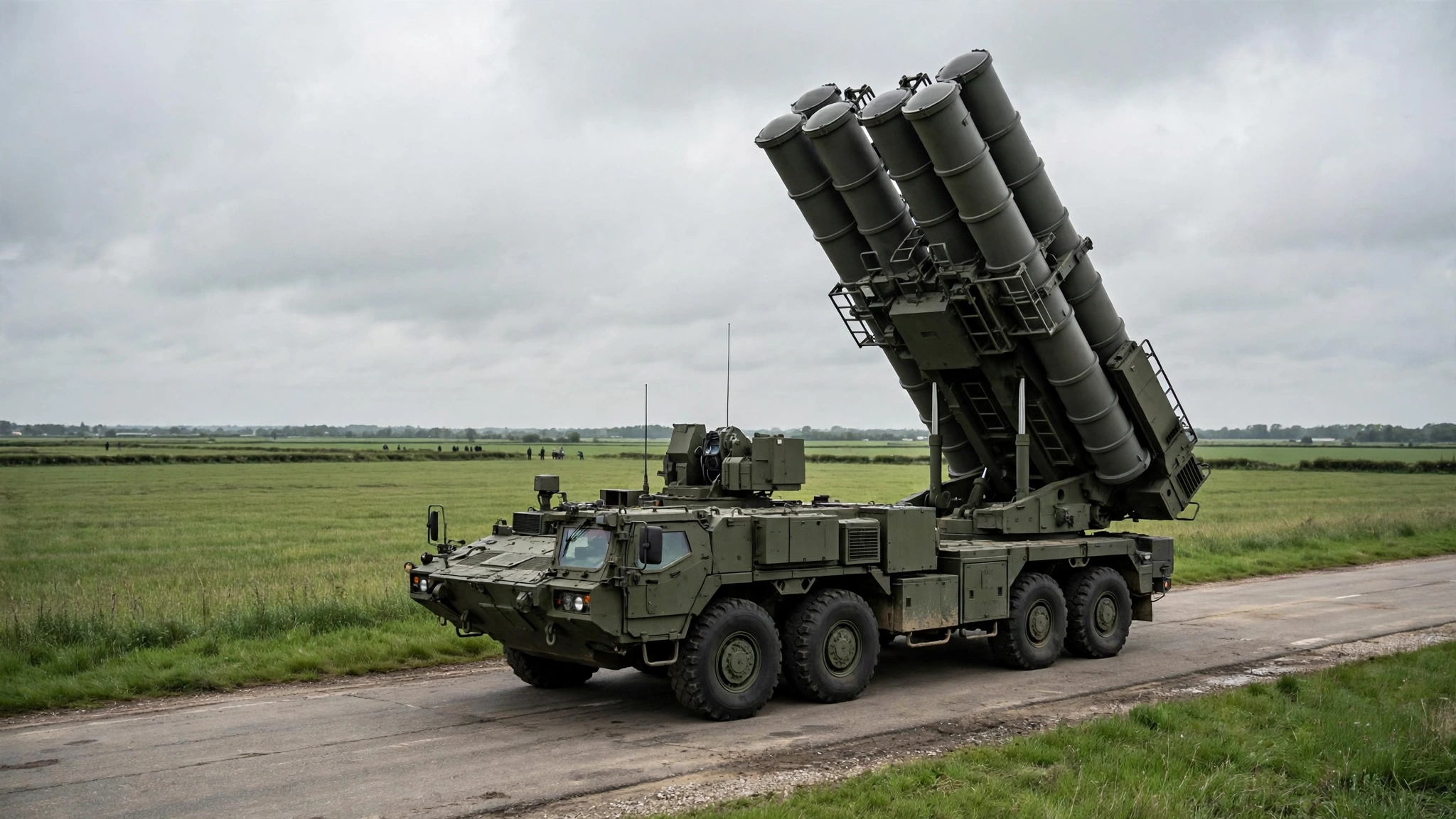 A mobile air defense missile launcher with elevated launch tubes parked beside a green field