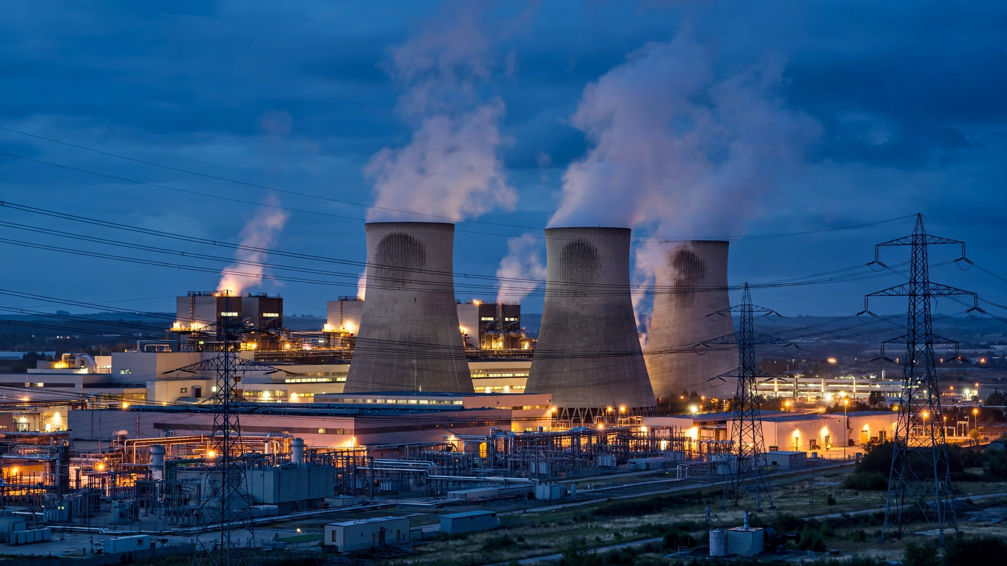 Cooling towers and transmission lines at a power station lit up at dusk