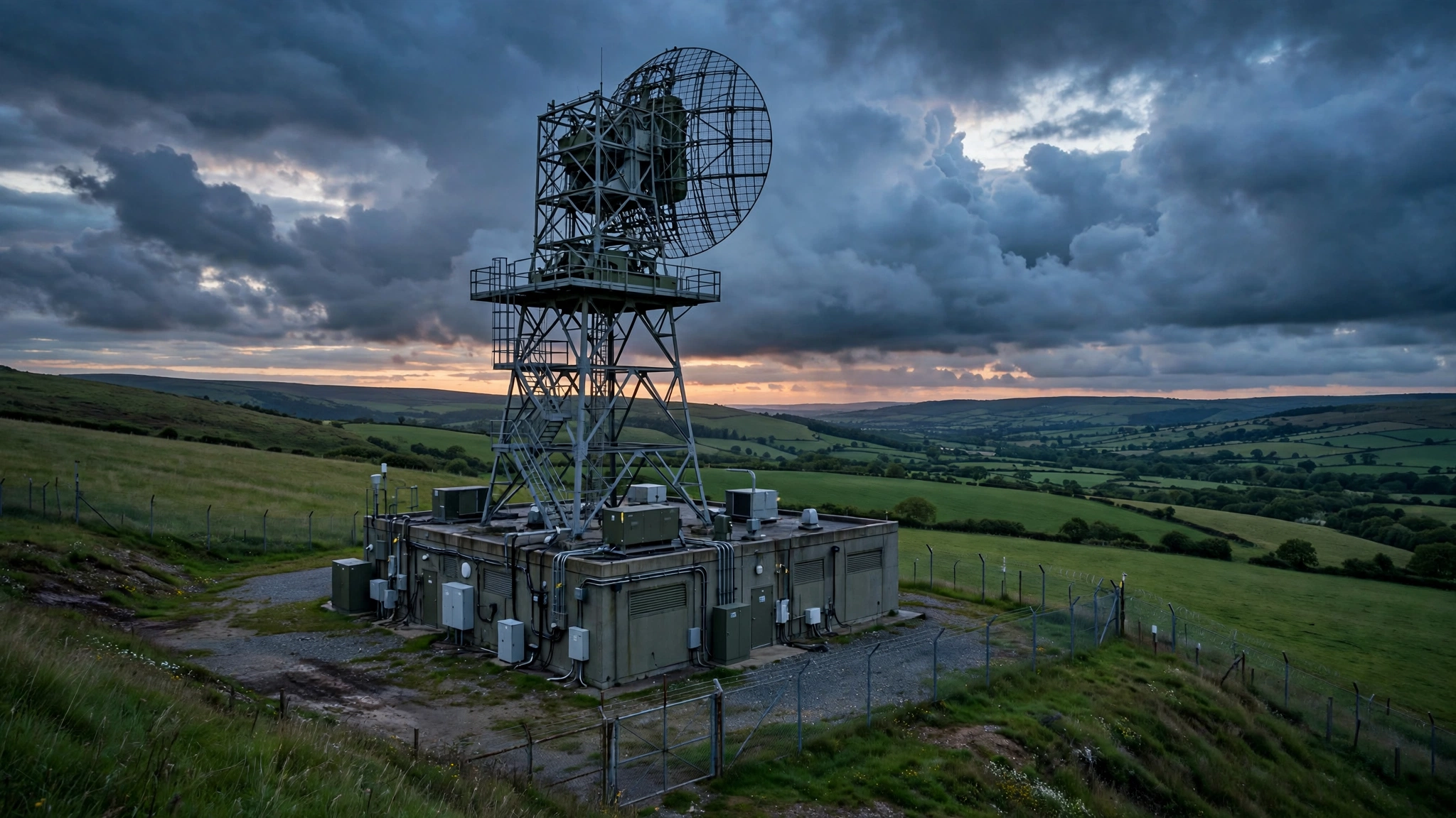A radar tower with a large antenna dish on a hillside under storm clouds at dusk