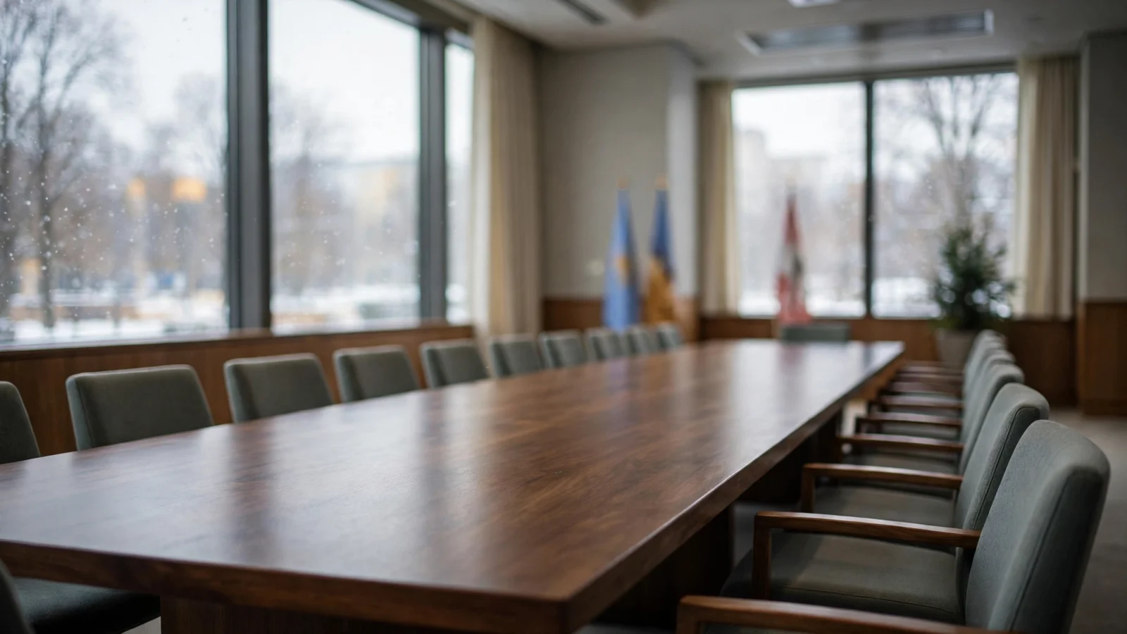 An empty conference room with a long wooden table, rows of chairs and blurred flags standing near tall windows