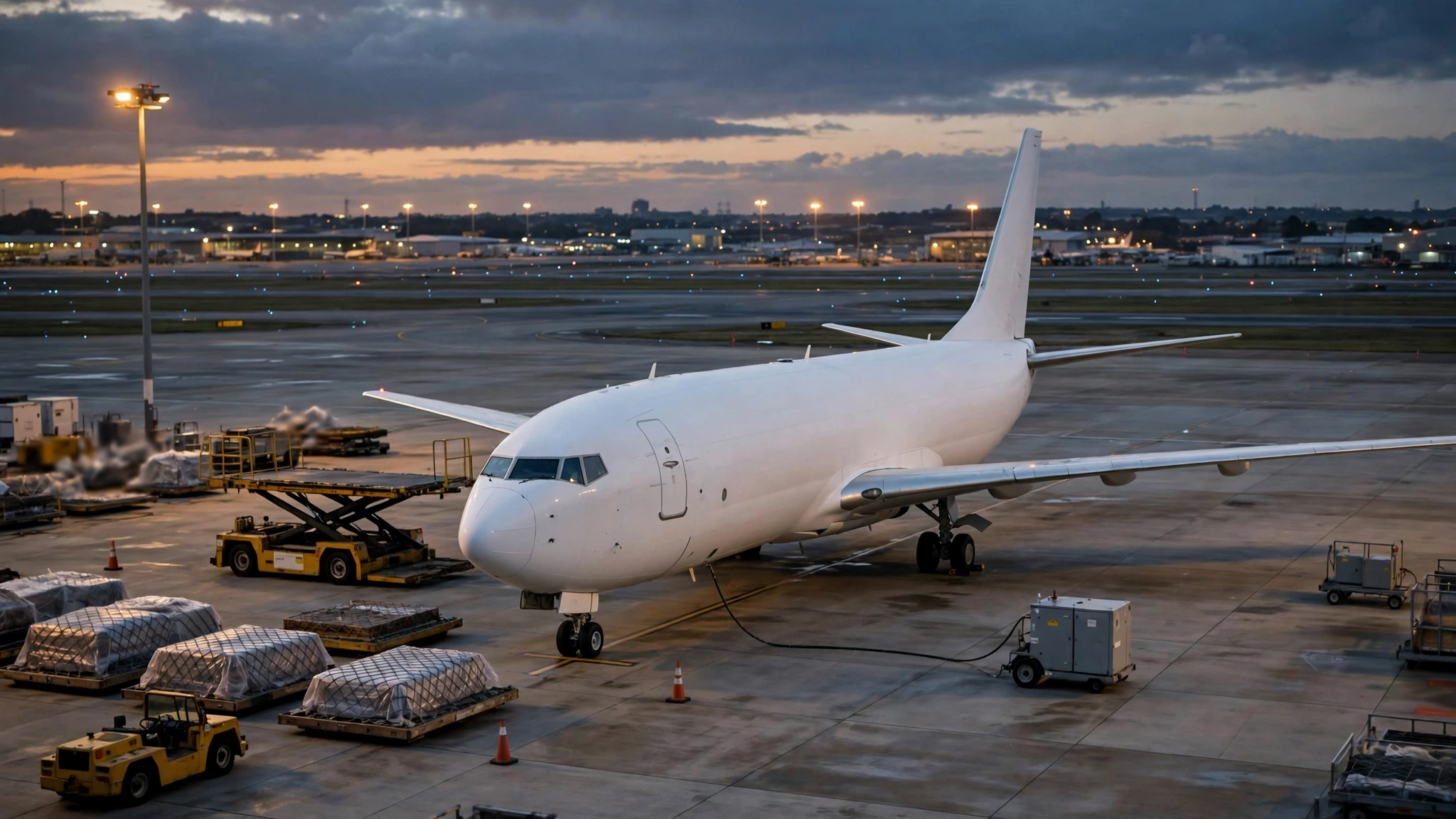 A plain white cargo aircraft parked on an airport tarmac at dusk with freight pallets nearby.