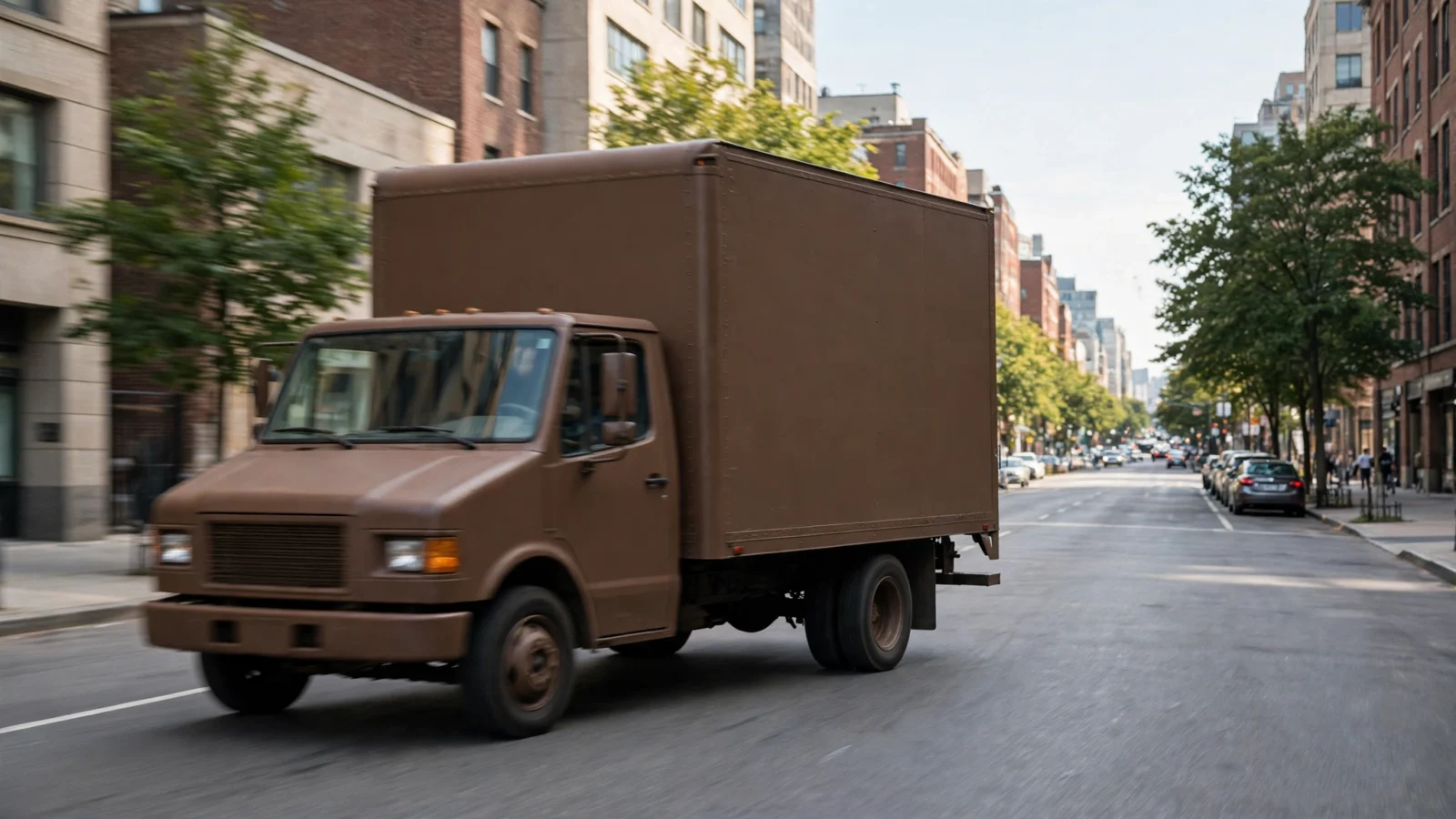 A plain brown delivery truck driving on a city street lined with buildings and trees.