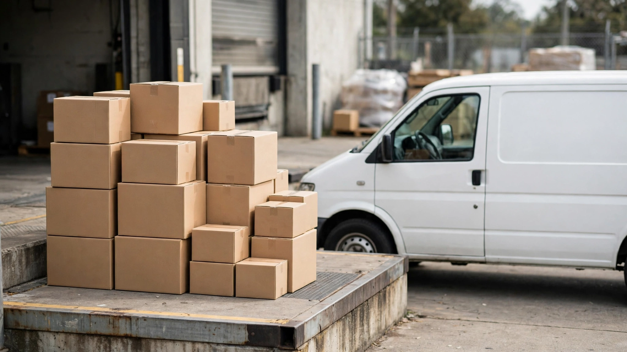 Stacks of plain cardboard boxes on a loading dock next to a white van.