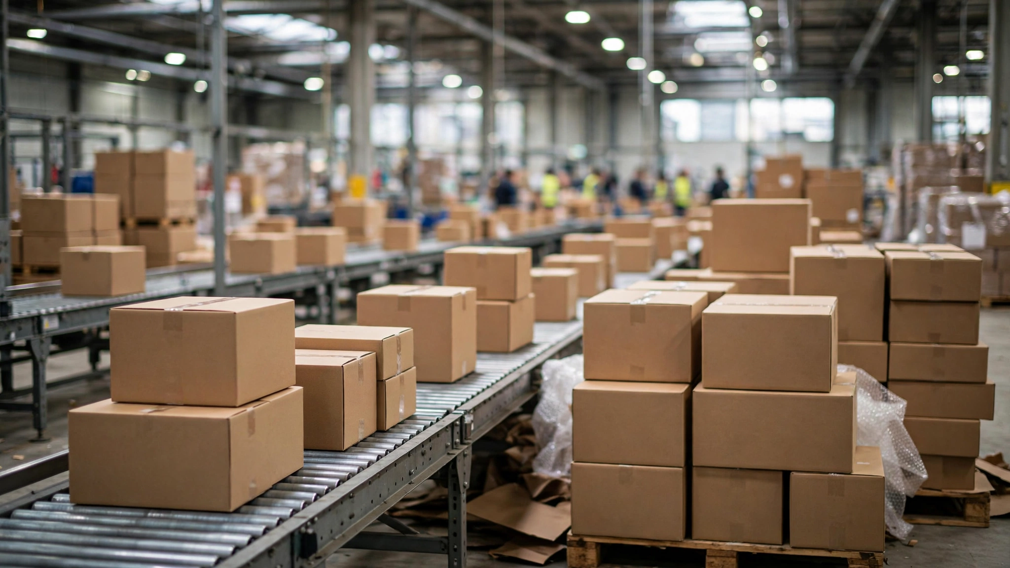 Cardboard boxes on conveyor belts inside a large package sorting warehouse.