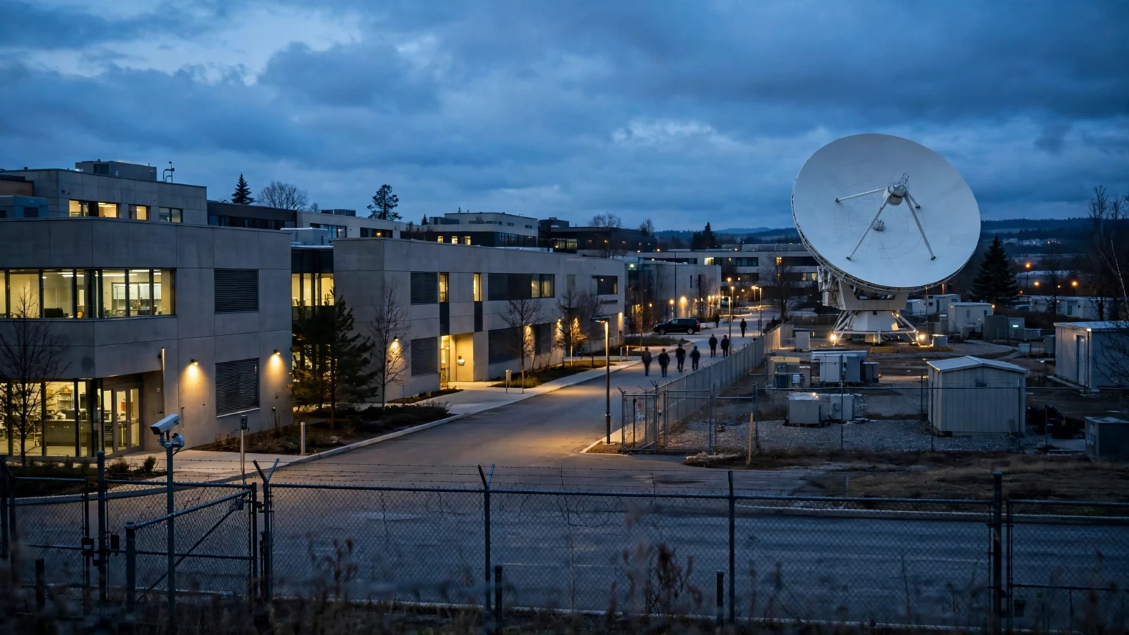 A research laboratory campus with modern buildings and a large satellite dish at dusk, with a few people walking in the distance