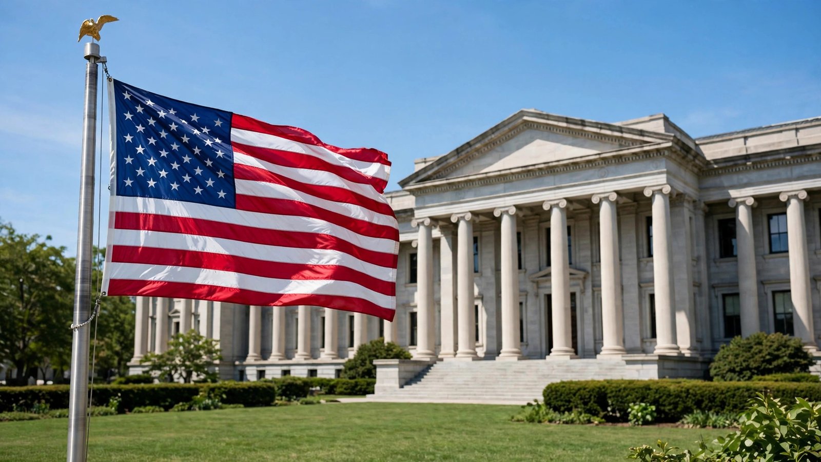 The United States flag waving on a flagpole in front of a neoclassical government building under a clear sky