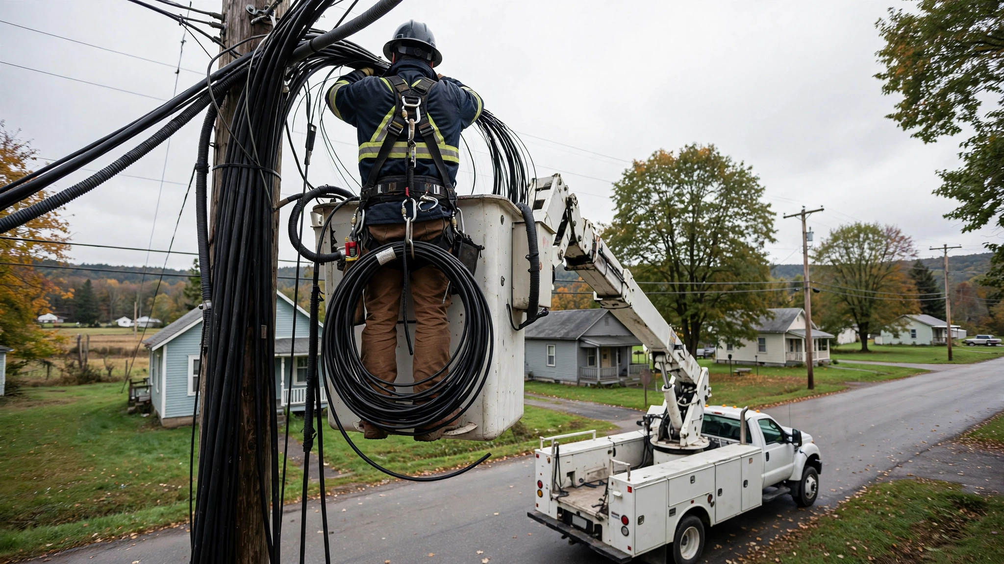 A technician in a safety harness works on cables on a utility pole in a small rural town