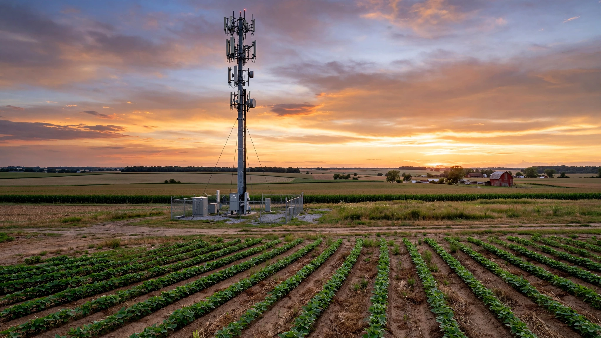 A cellular communications tower stands over farmland at sunset with a red barn in the distance